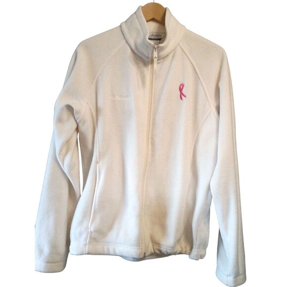 COLUMBIA Breast Cancer Awareness CREAM FULL ZIP FLEECE Pink Ribbon SIZE LARGE - Picture 1 of 3